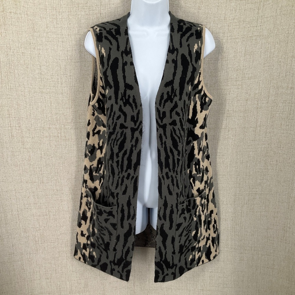Susanโ Graver Sweater Vest XS Gray Animal Print Open Front Longline Mob Wife